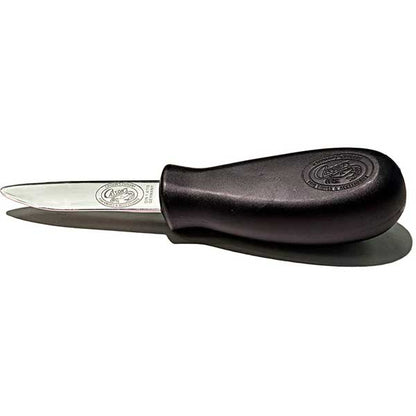 Black-handled oyster knife with a white background