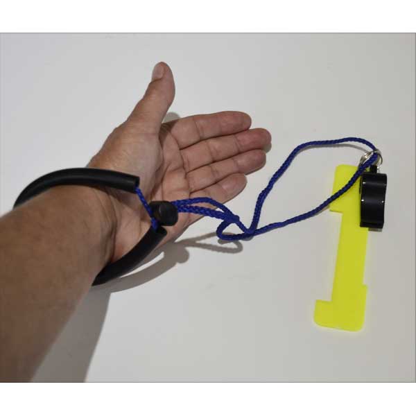 Hand holding a blue lanyard with a black clip and yellow lobster gauge on a white background