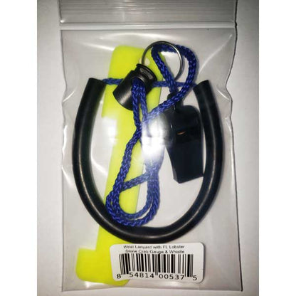 Yellow whistle with black and blue lanyard on a clear packaging background