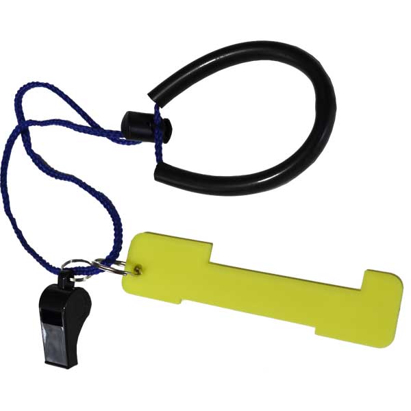 Whistle with yellow holder and black lanyard on a white background