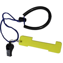 Whistle with yellow holder and black lanyard on a white background