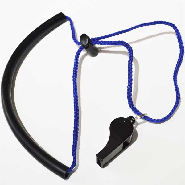 Black whistle with blue lanyard on a white background