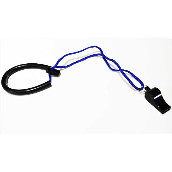 Black whistle with blue lanyard on a white background
