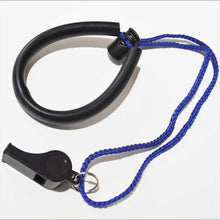 Black whistle with blue lanyard on a white background