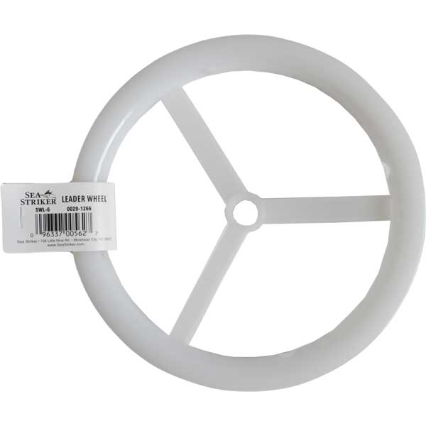 White plastic wheel for holding fishing line with a label on a white background