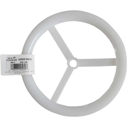 White plastic wheel for holding fishing line with a label on a white background