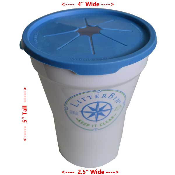White litter bin cup with blue lid and measurements on a white background