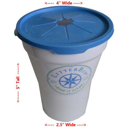 White litter bin cup with blue lid and measurements on a white background
