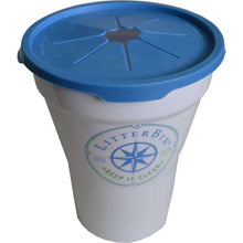 White litter bin with blue lid on a white background