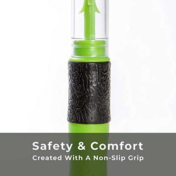 Green and black deveiner with text 'Safety & Comfort Created With A Non-Slip Grip' on a white background