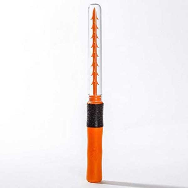 Orange and clear tool with a textured handle on a white background