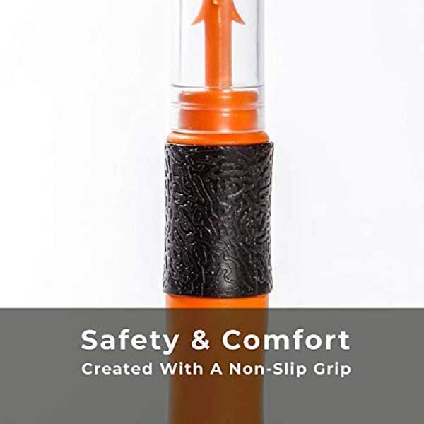 Orange and black pen with non-slip grip on a white background