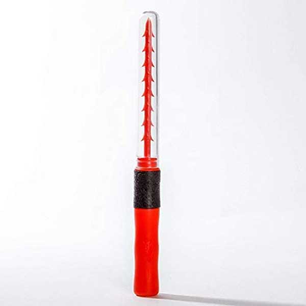 Red and black tool with a clear cylindrical component on a white background