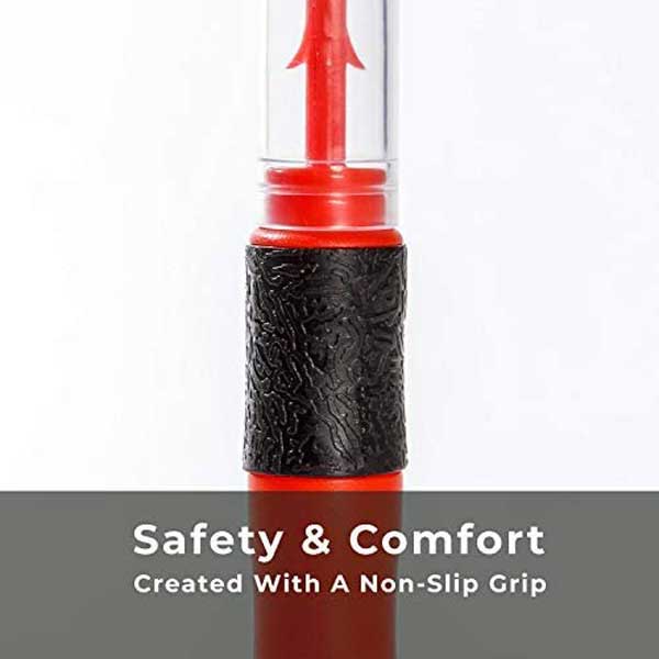 Red and black closeup with non-slip grip on a white background