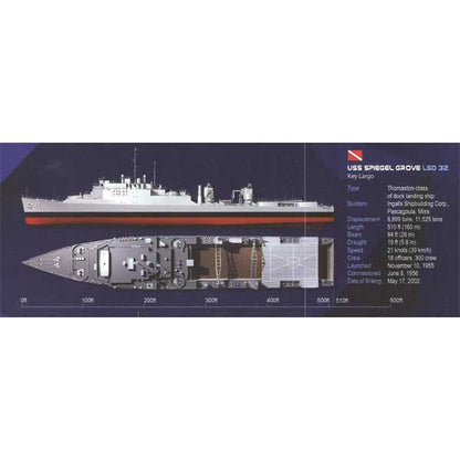 Model of a ship USS Spiegel Grove LSD 32 with technical specifications on a dark background