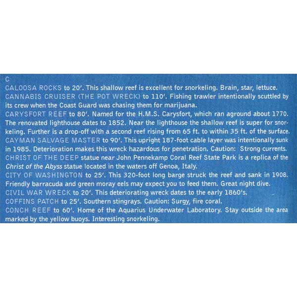 Text description of underwater diving sites on a blue background