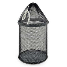Black mesh chum dispenser or fish carrel that has foam float ring on a white background