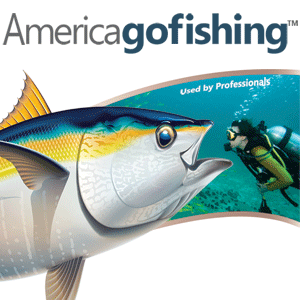 america go fishing logo with drawing of tuna fish and a live diver underwater