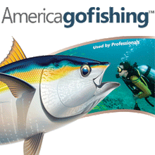 america go fishing logo with drawing of tuna fish and a live diver underwater