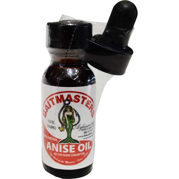 Bottle of Baitmasters Anise Oil with a dropper on a white background