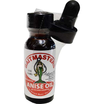 Bottle of Baitmasters Anise Oil with a dropper on a white background