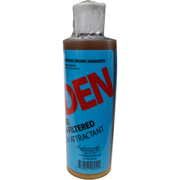 Bottle of 'Den' fish-attractant with blue label and red text on a white background