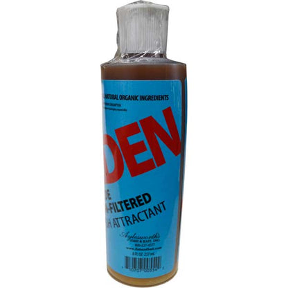 Bottle of 'Den' fish-attractant with blue label and red text on a white background