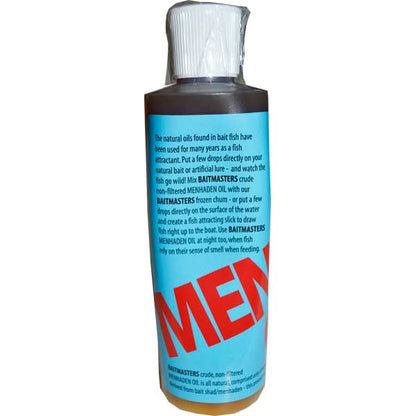 Bottle of Baitmasters MEN oil with blue label and white cap on a white background