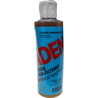 Bottle of Adem fish attractant with blue label and red text on a white background