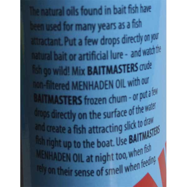 Text describing the use of natural oils found in bait fish for attracting fish, with a visible brand name 'Baitmasters'.