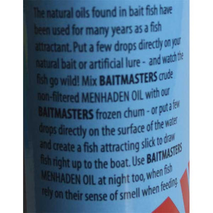 Text describing the use of natural oils found in bait fish for attracting fish, with a visible brand name 'Baitmasters'.