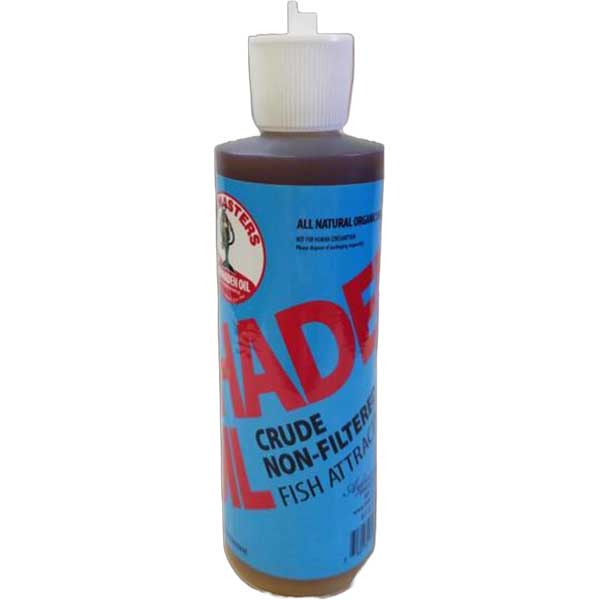 Bottle of fish attractant with blue label and white cap on a white background