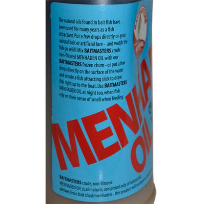 Baitmasters Menhaden Oil container with blue label and red text on a white background
