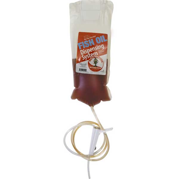 Fish oil dispensing system with a label on a white background