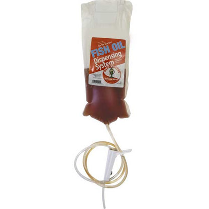 Fish oil dispensing system with a label on a white background