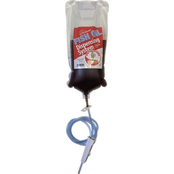 Fish oil dispensing system with a clear bag and red label on a white background