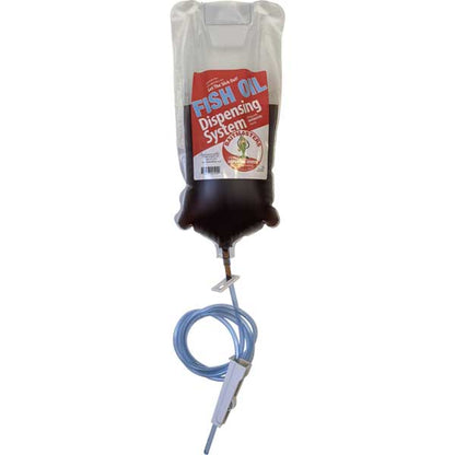 Fish oil dispensing system with a clear bag and red label on a white background