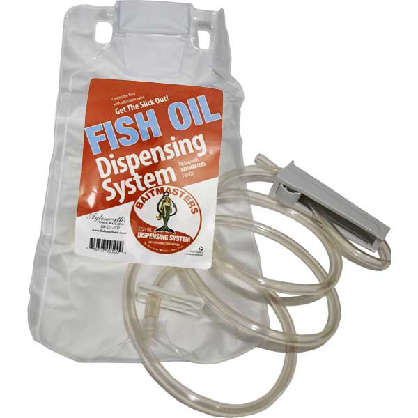 Fish oil dispensing system with clear hose and label on a white background