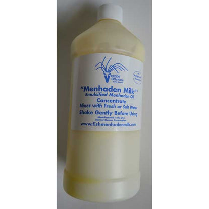 Bottle of Menhaden Milk with label on a white background