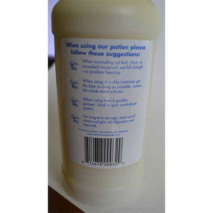 Bottle with a label containing text and a barcode on a white background