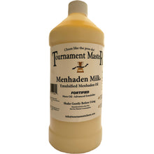 A plastic bottle of Tournament Master Menhaden Milk, an emulsified menhaden oil, with a cream-colored label and a beige cap, shown against a plain white background.