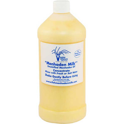 Bottle of Menhaden Milk concentrate on a white background