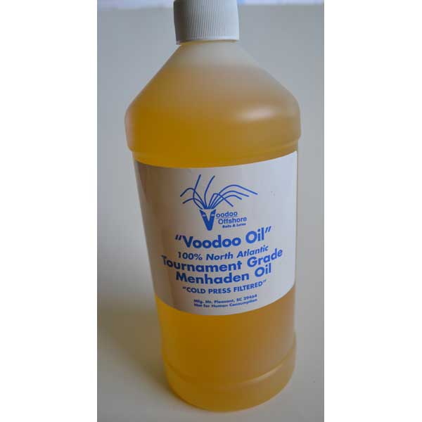 Bottle of Voodoo Oil with a white label on a light gray background