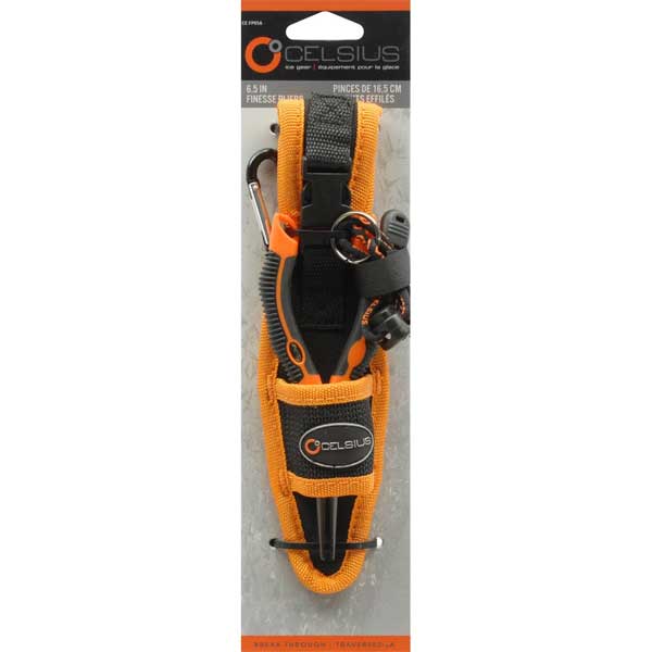 Orange and black fishing pliers tool with carabiner on a gray background