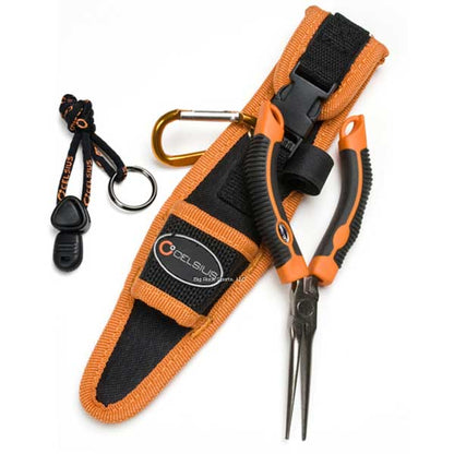 Orange and black tool belt with pliers and carabiner on a white background