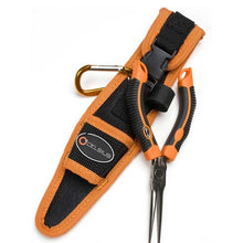 Orange and black fishing pliers tool with carabiner and sheath on a white background