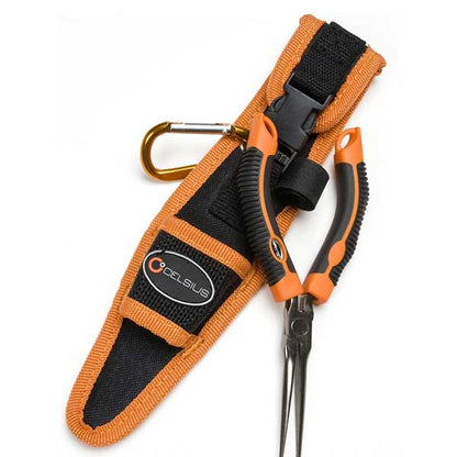 Orange and black fishing pliers tool with carabiner and sheath on a white background