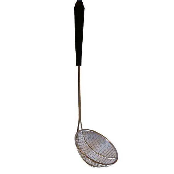 Metal strainer with black handle on a white background