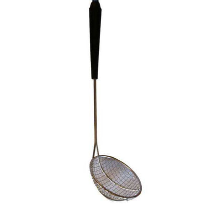 Metal strainer with black handle on a white background