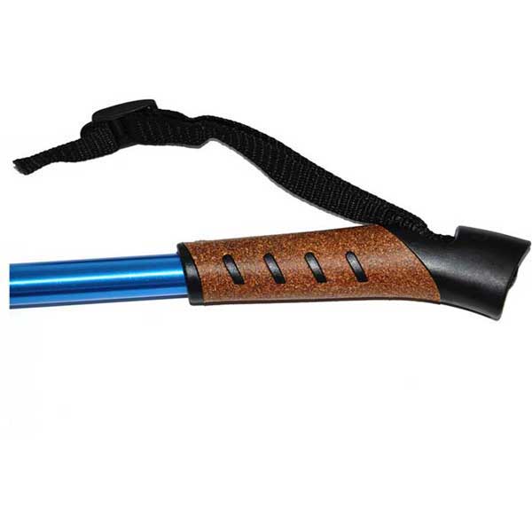 Blue stick with brown handle and black strap on a white background